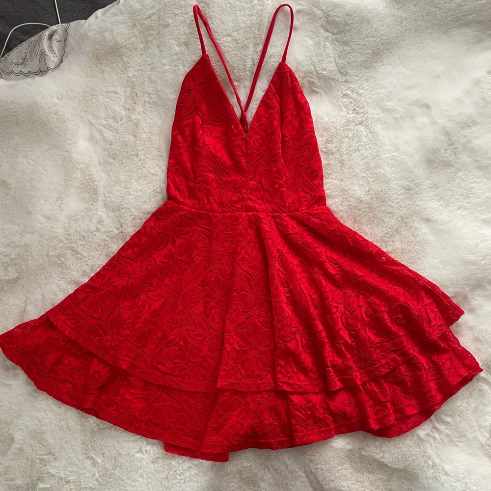 Bright red lace ruffled dress